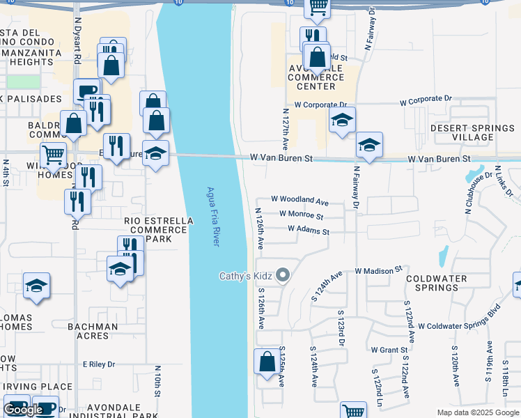 map of restaurants, bars, coffee shops, grocery stores, and more near 12566 West Monroe Street in Avondale