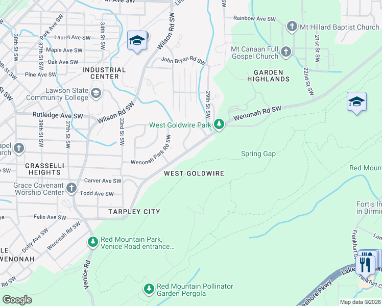 map of restaurants, bars, coffee shops, grocery stores, and more near 3037 Ishkooka-Wenonah Road Southwest in Birmingham