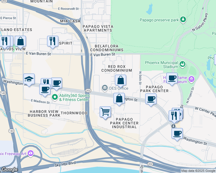 map of restaurants, bars, coffee shops, grocery stores, and more near 5348 East Washington Street in Phoenix