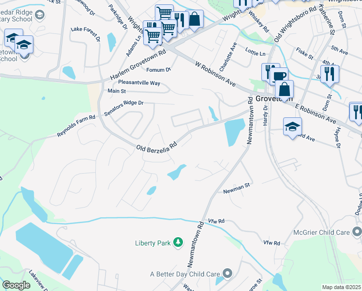 map of restaurants, bars, coffee shops, grocery stores, and more near 215 Old Berzelia Road in Grovetown