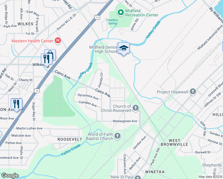 map of restaurants, bars, coffee shops, grocery stores, and more near 5101 Whatley Street in Birmingham