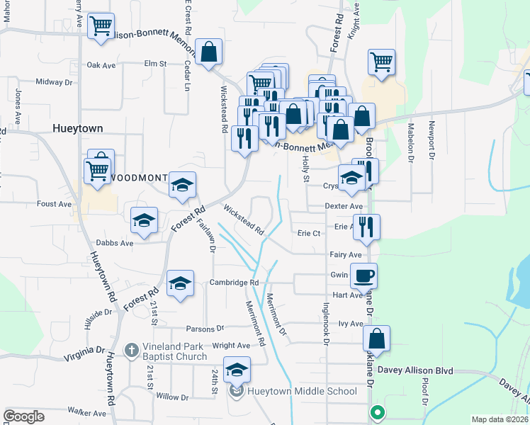 map of restaurants, bars, coffee shops, grocery stores, and more near 136 Winston Court in Hueytown