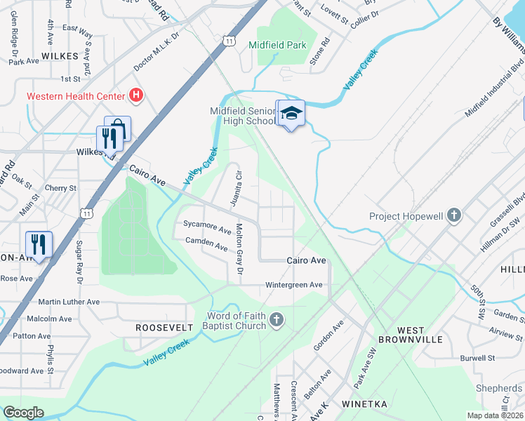 map of restaurants, bars, coffee shops, grocery stores, and more near 5101 Whatley St in Birmingham