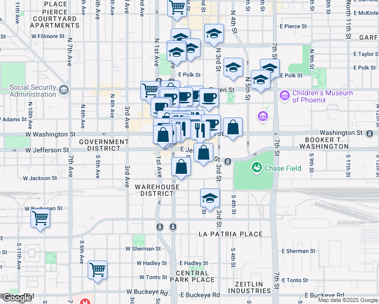 map of restaurants, bars, coffee shops, grocery stores, and more near 125 East Jefferson Street in Phoenix