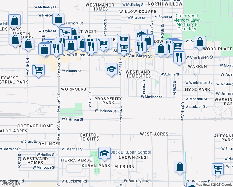 map of restaurants, bars, coffee shops, grocery stores, and more near 3112 West Jefferson Street in Phoenix