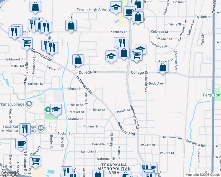 map of restaurants, bars, coffee shops, grocery stores, and more near 1216 Judson Street in Texarkana