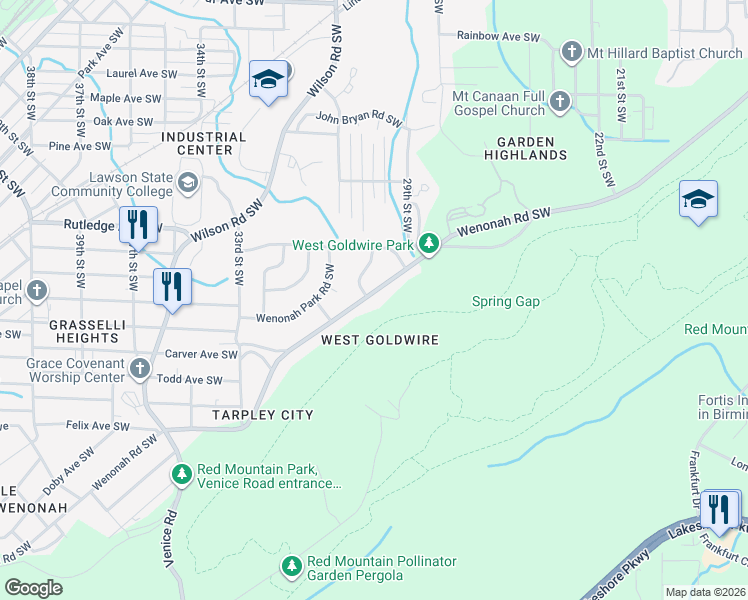 map of restaurants, bars, coffee shops, grocery stores, and more near 3037 Ishkooka-Wenonah Road Southwest in Birmingham