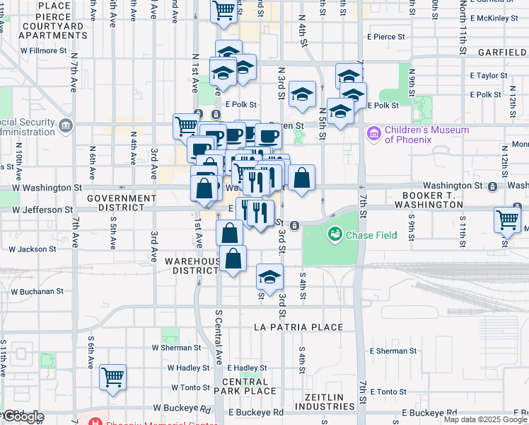 map of restaurants, bars, coffee shops, grocery stores, and more near 3 South 2nd Street in Phoenix