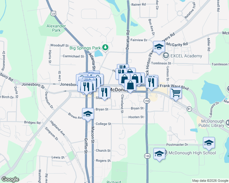 map of restaurants, bars, coffee shops, grocery stores, and more near Keys Ferry Street in McDonough