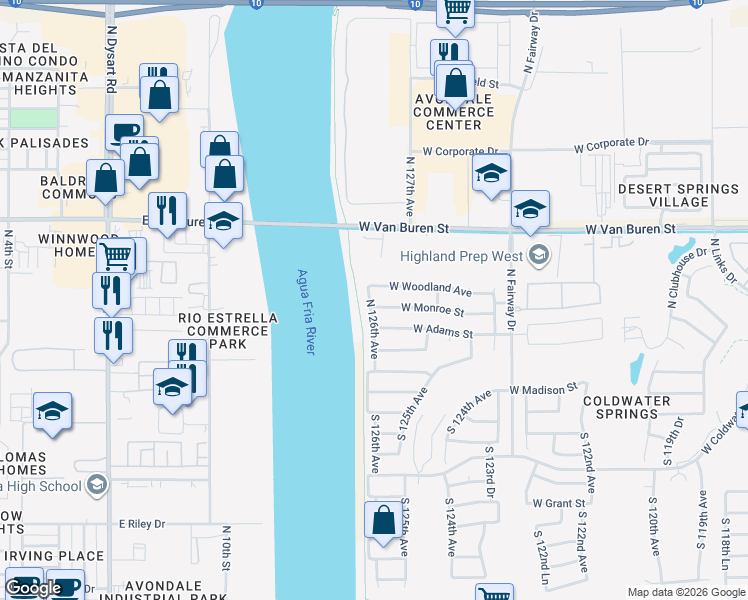 map of restaurants, bars, coffee shops, grocery stores, and more near 12566 West Monroe Street in Avondale