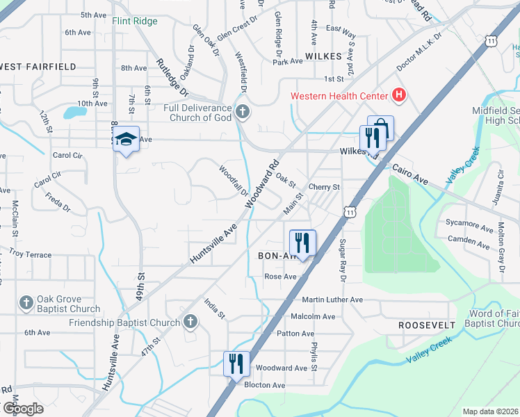 map of restaurants, bars, coffee shops, grocery stores, and more near 76 Wilkes Circle in Birmingham