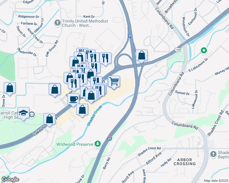 map of restaurants, bars, coffee shops, grocery stores, and more near 209 Lakeshore Parkway in Homewood