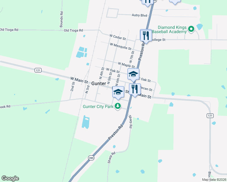 map of restaurants, bars, coffee shops, grocery stores, and more near 301 W Main St in Gunter