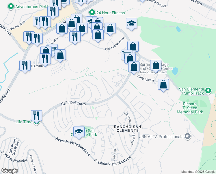 map of restaurants, bars, coffee shops, grocery stores, and more near 70 Calle Sol in San Clemente