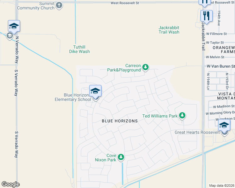map of restaurants, bars, coffee shops, grocery stores, and more near 20075 West Adams Street in Buckeye