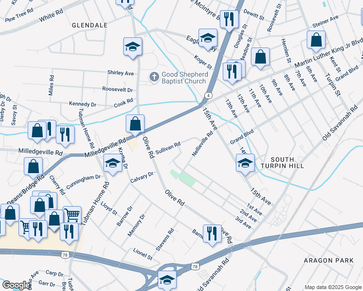 map of restaurants, bars, coffee shops, grocery stores, and more near 2222 Sullivan Road in Augusta