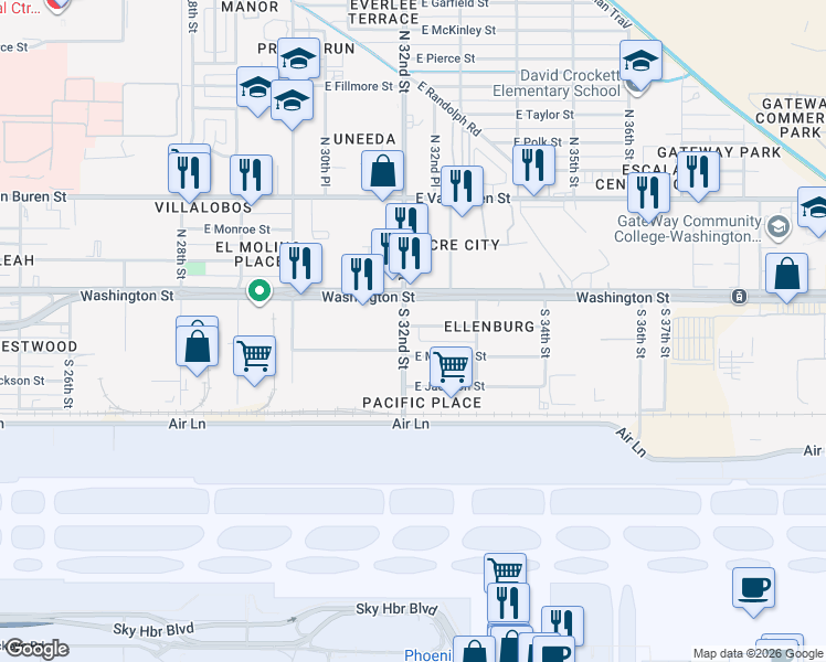 map of restaurants, bars, coffee shops, grocery stores, and more near 3201 East Jefferson Street in Phoenix