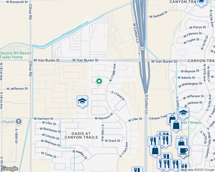 map of restaurants, bars, coffee shops, grocery stores, and more near 119 South 172nd Drive in Goodyear