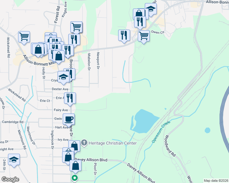 map of restaurants, bars, coffee shops, grocery stores, and more near 171 Highwood Drive in Hueytown