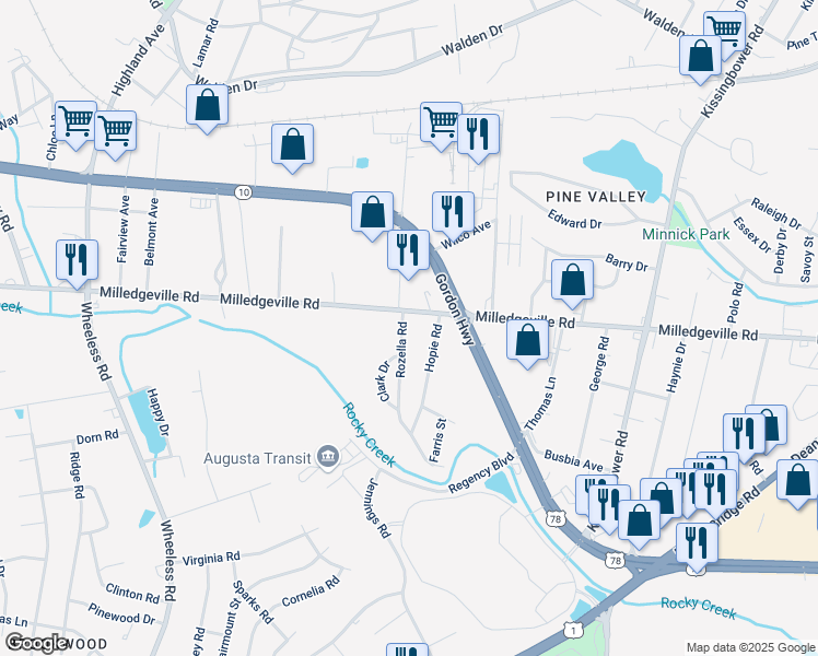 map of restaurants, bars, coffee shops, grocery stores, and more near 1902 Rozella Road in Augusta
