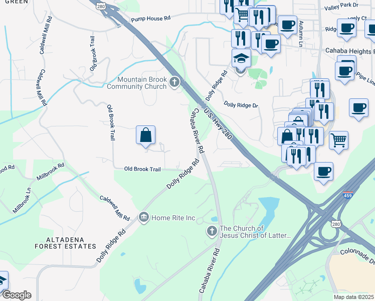 map of restaurants, bars, coffee shops, grocery stores, and more near 4500 Dolly Ridge Road in Vestavia Hills