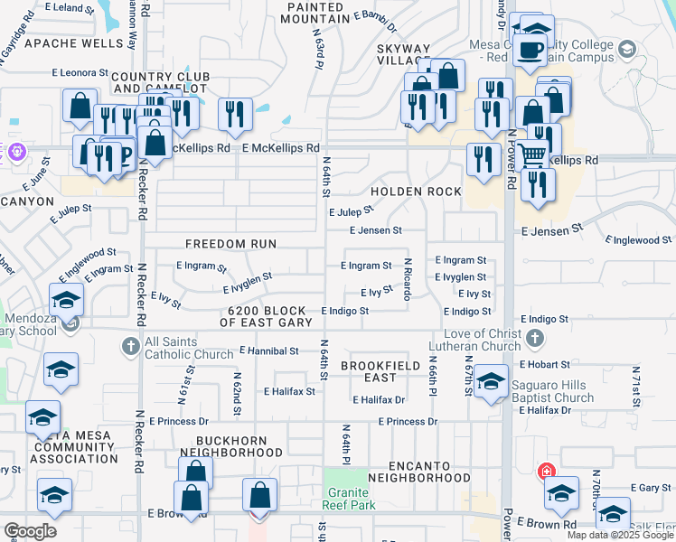 map of restaurants, bars, coffee shops, grocery stores, and more near 1712 North 64th Street in Mesa