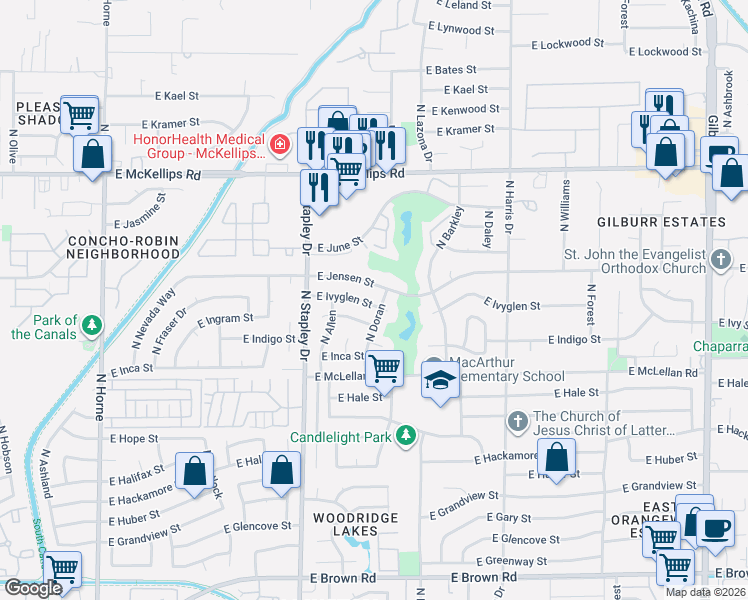 map of restaurants, bars, coffee shops, grocery stores, and more near 1310 East Ivyglen Street in Mesa