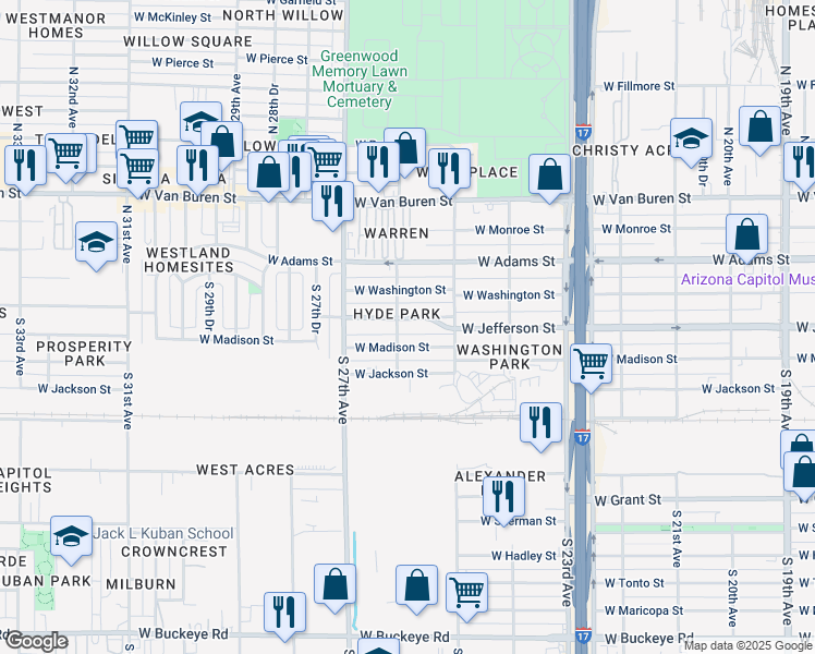map of restaurants, bars, coffee shops, grocery stores, and more near 2531 West Jefferson Street in Phoenix