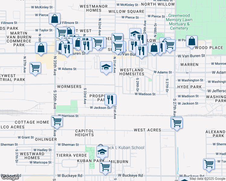 map of restaurants, bars, coffee shops, grocery stores, and more near 3112 West Jefferson Street in Phoenix