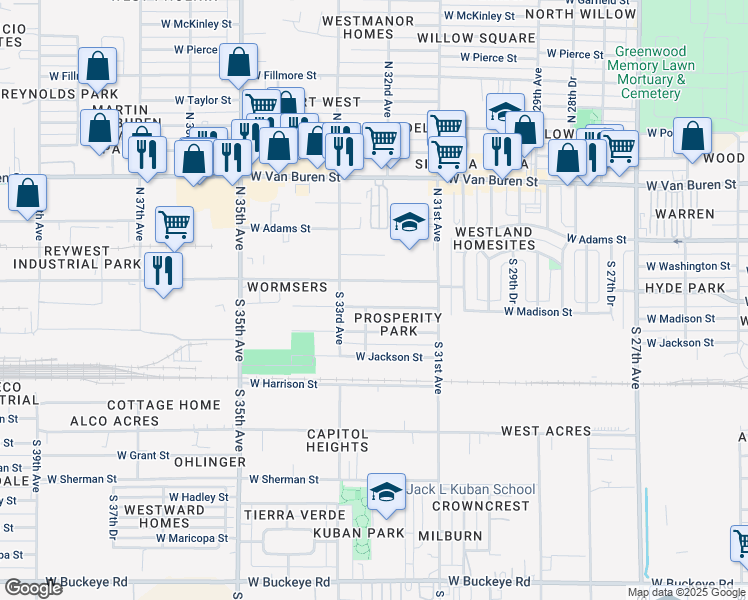 map of restaurants, bars, coffee shops, grocery stores, and more near 3226 West Jefferson Street in Phoenix