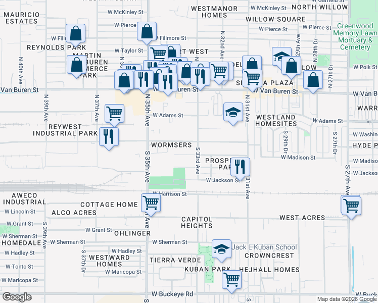 map of restaurants, bars, coffee shops, grocery stores, and more near 3316 West Jefferson Street in Phoenix