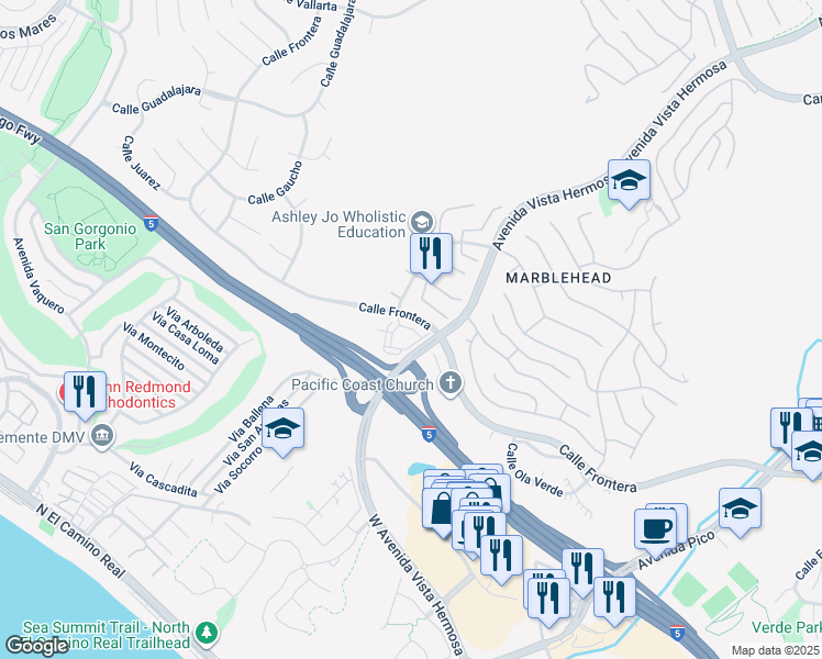 map of restaurants, bars, coffee shops, grocery stores, and more near 2416 Corte Merlango in San Clemente