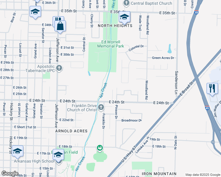 map of restaurants, bars, coffee shops, grocery stores, and more near 2400 Brookridge Drive in Texarkana