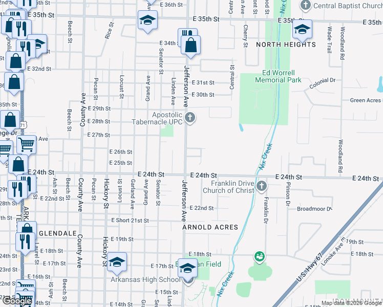 map of restaurants, bars, coffee shops, grocery stores, and more near 1305 Hudson Place in Texarkana