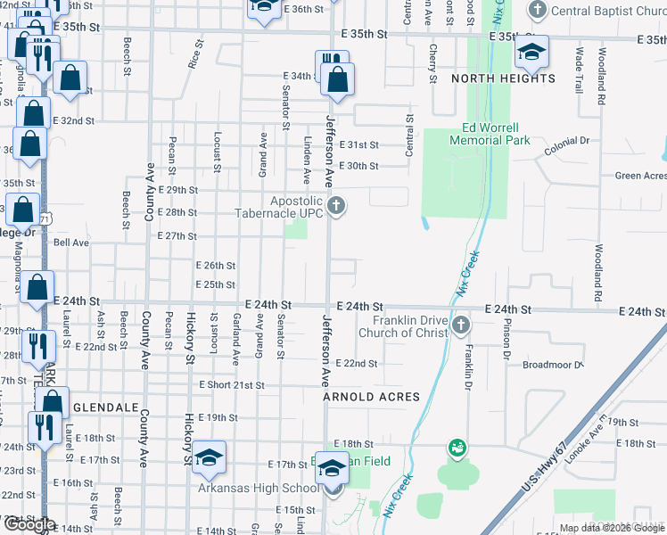 map of restaurants, bars, coffee shops, grocery stores, and more near 1305 Hudson Place in Texarkana