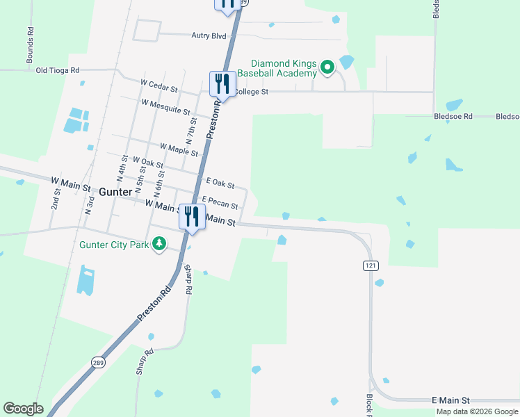 map of restaurants, bars, coffee shops, grocery stores, and more near 207 East Main Street in Gunter