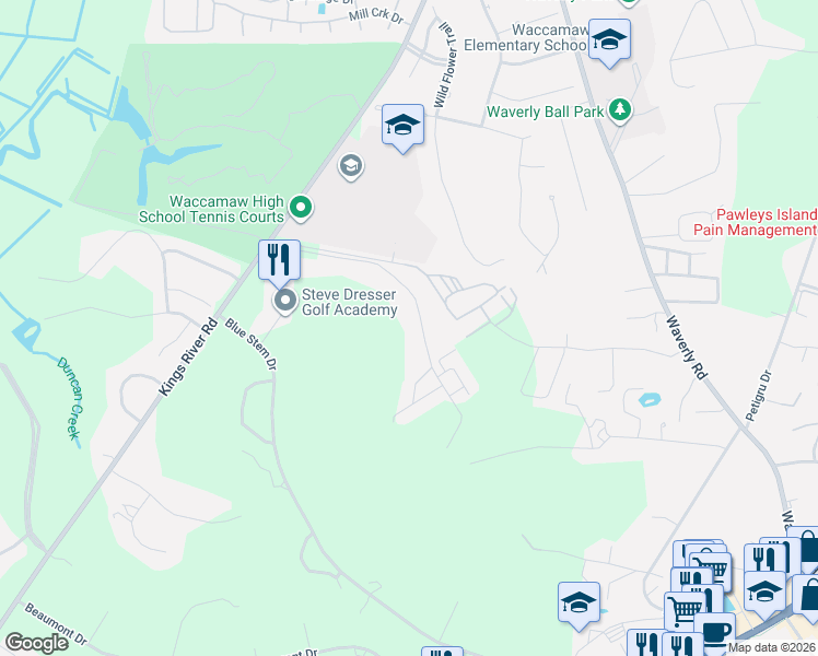 map of restaurants, bars, coffee shops, grocery stores, and more near 640 Pinehurst Lane in Pawleys Island