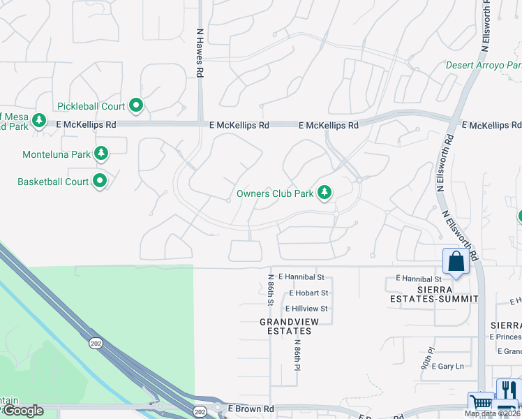 map of restaurants, bars, coffee shops, grocery stores, and more near 8609 E Jensen St in Mesa