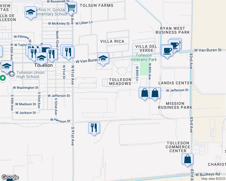 map of restaurants, bars, coffee shops, grocery stores, and more near 8766 West Jefferson Street in Tolleson