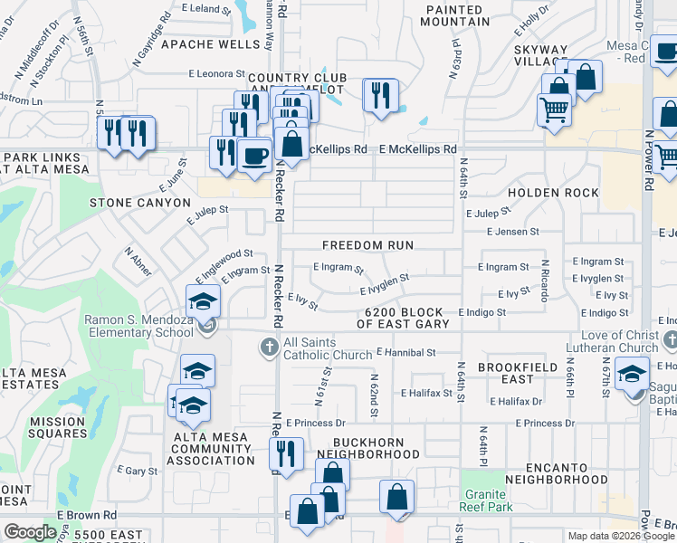 map of restaurants, bars, coffee shops, grocery stores, and more near 1719 N Papillon Cir in Mesa