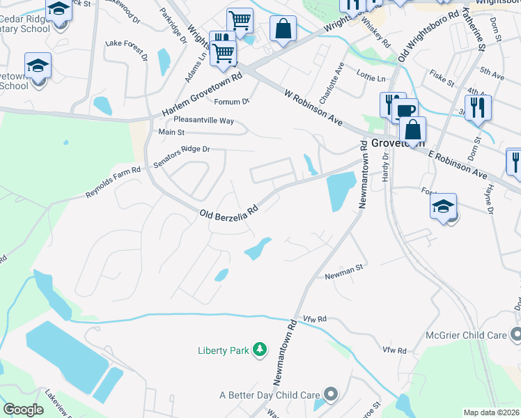 map of restaurants, bars, coffee shops, grocery stores, and more near 1125 Sierra Lane in Grovetown