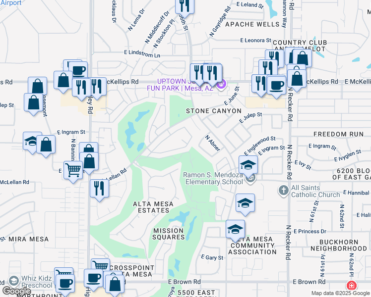 map of restaurants, bars, coffee shops, grocery stores, and more near 44 North Pad in Mesa
