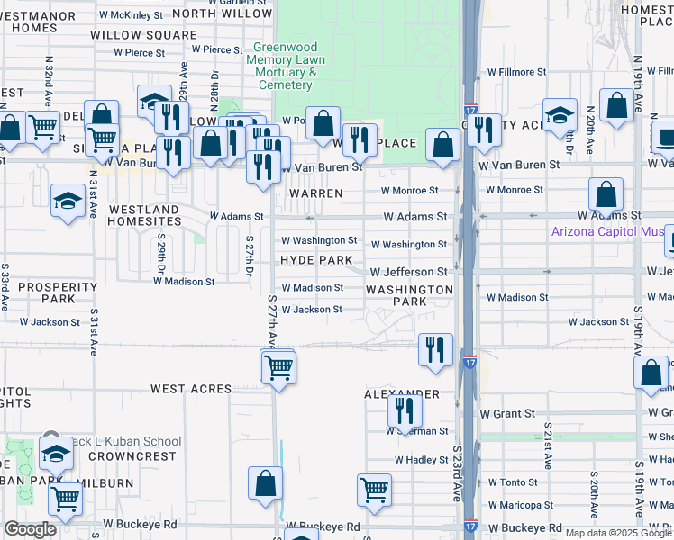 map of restaurants, bars, coffee shops, grocery stores, and more near 2531 West Jefferson Street in Phoenix