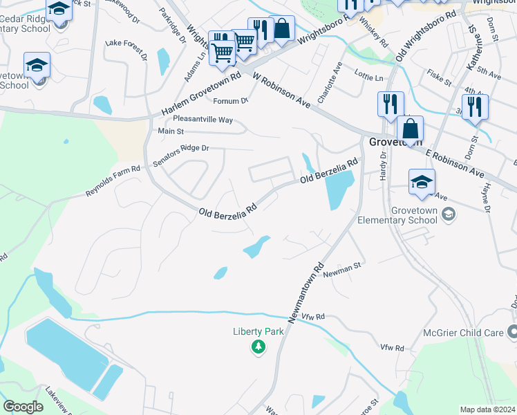 map of restaurants, bars, coffee shops, grocery stores, and more near 1132 Sierra Lane in Grovetown