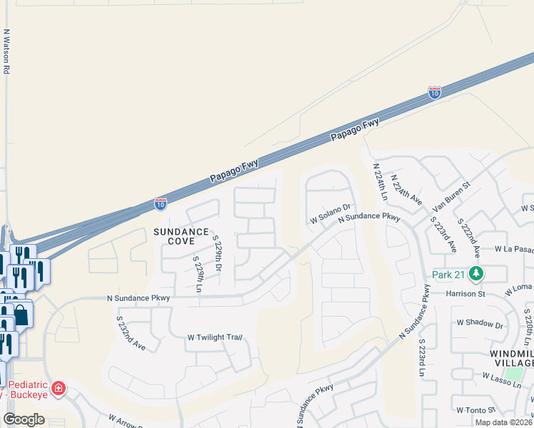 map of restaurants, bars, coffee shops, grocery stores, and more near 22790 West Solano Drive in Buckeye