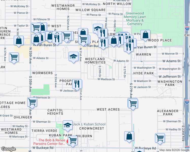 map of restaurants, bars, coffee shops, grocery stores, and more near 111 South 30th Avenue in Phoenix