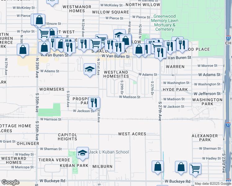 map of restaurants, bars, coffee shops, grocery stores, and more near 111 South 30th Avenue in Phoenix