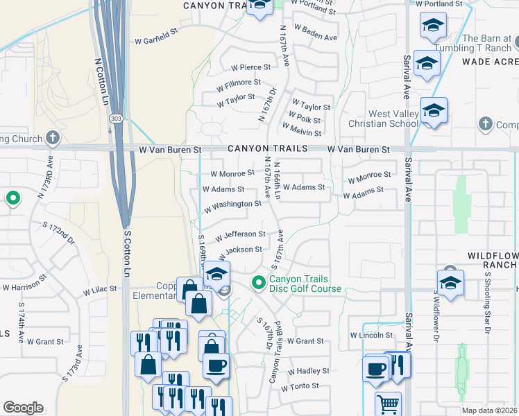 map of restaurants, bars, coffee shops, grocery stores, and more near 16741 West Washington Street in Goodyear
