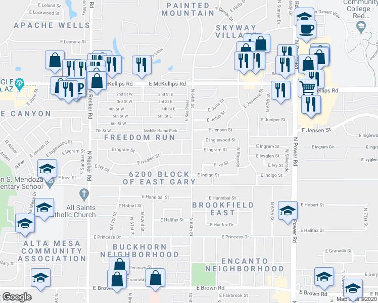 map of restaurants, bars, coffee shops, grocery stores, and more near 1712 North 64th Street in Mesa