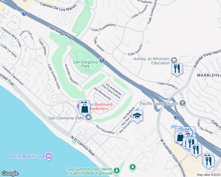 map of restaurants, bars, coffee shops, grocery stores, and more near 2719 Via Arboleda in San Clemente